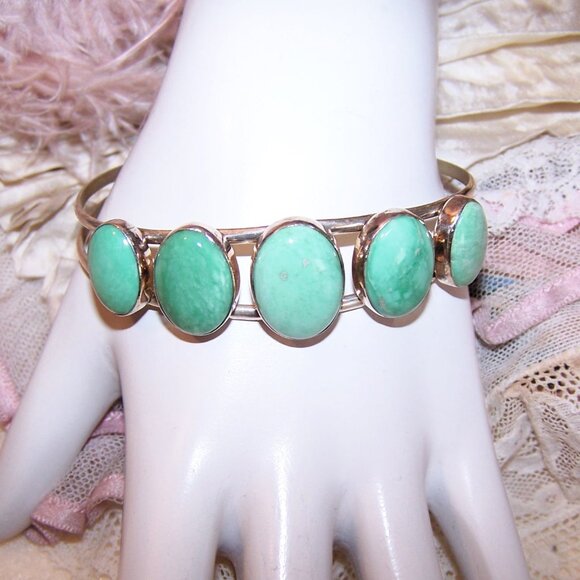 Sterling Silver Cuff Bracelet w/ 5 Pale Turquoise Polished Cabs - Size 7 to 7.25 - Picture 1 of 8